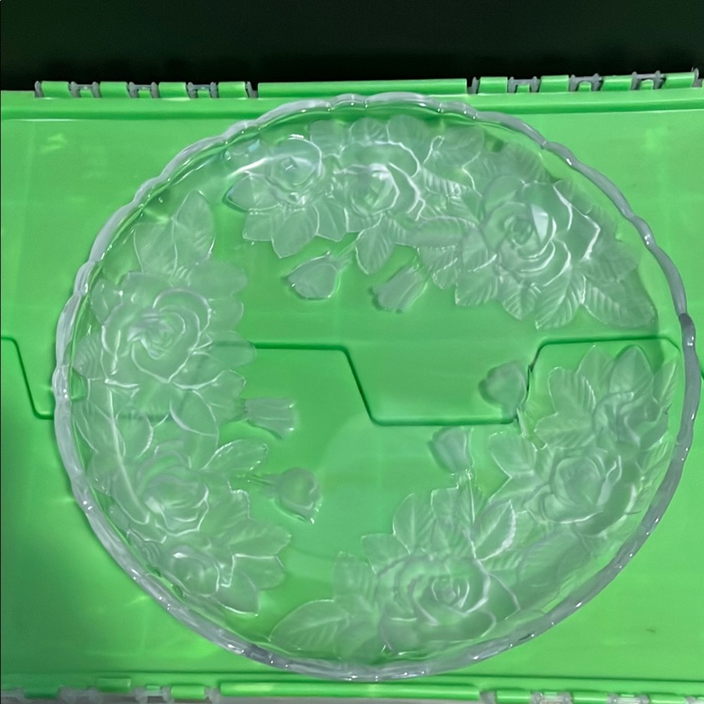 Winter Rose Studio Nova Clear Floral Frosted Glass Plate Round Vintage Platter
